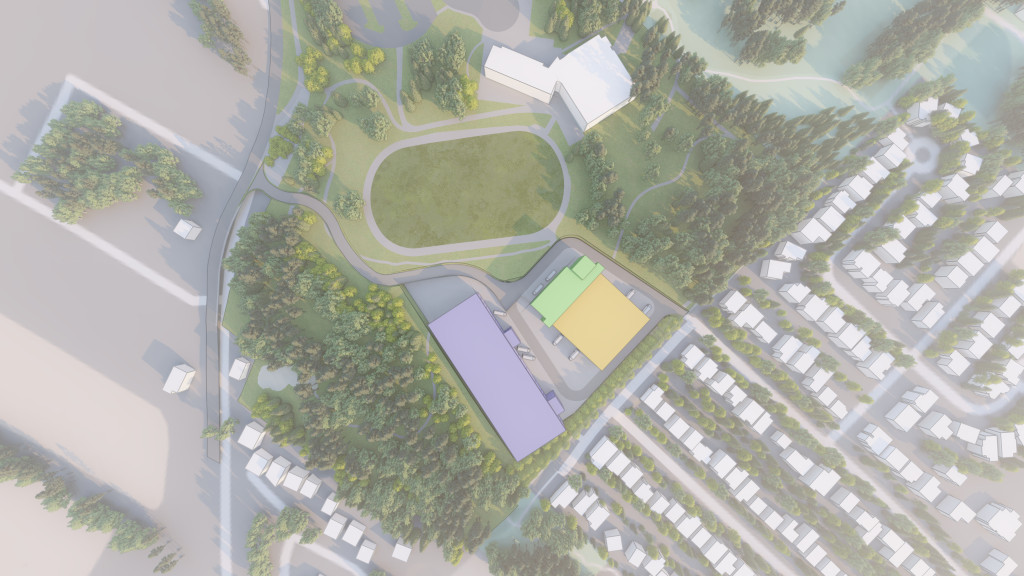 Aerial view of the conceptual image of the proposed film studio at Camosun College's Interurban campus