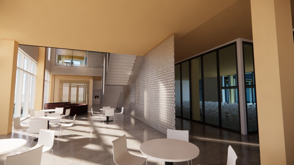 3D image of welcome/gathering space on the first floor (looking ‘back’ towards the Peatt/Goldstream entrance), with a view of the multipurpose room.