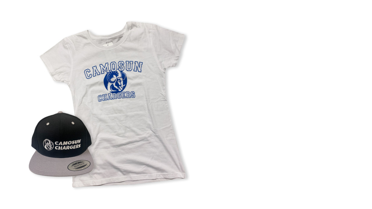 a Camosun Chargers T-shirt and ball cap
