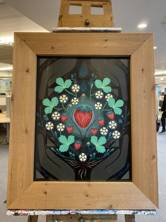 Painting of a heartberry in a wooden frame